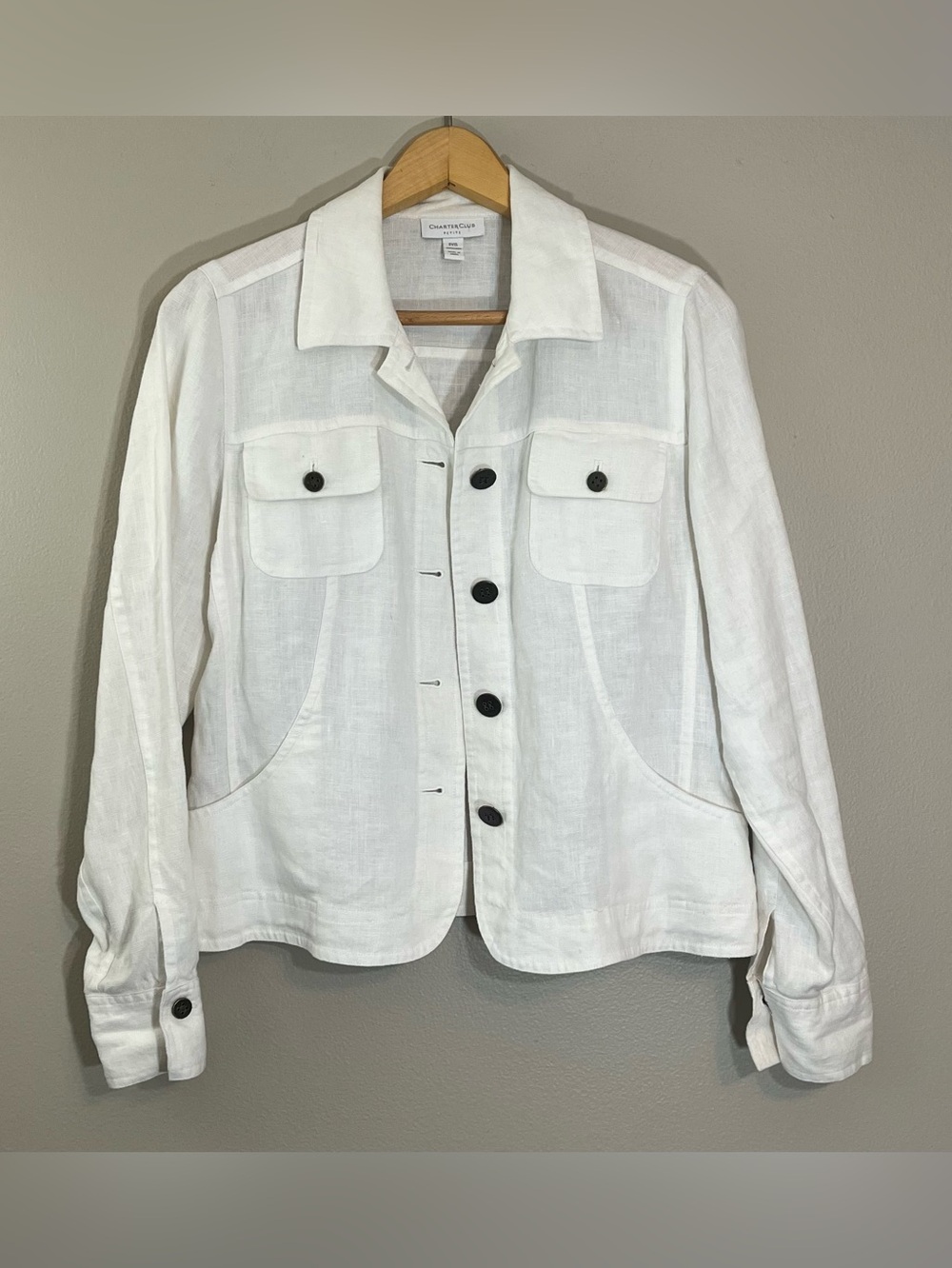 Charter Club Size PS Petite Small Off White 100% Linen Knit Jacket Brass Buttons